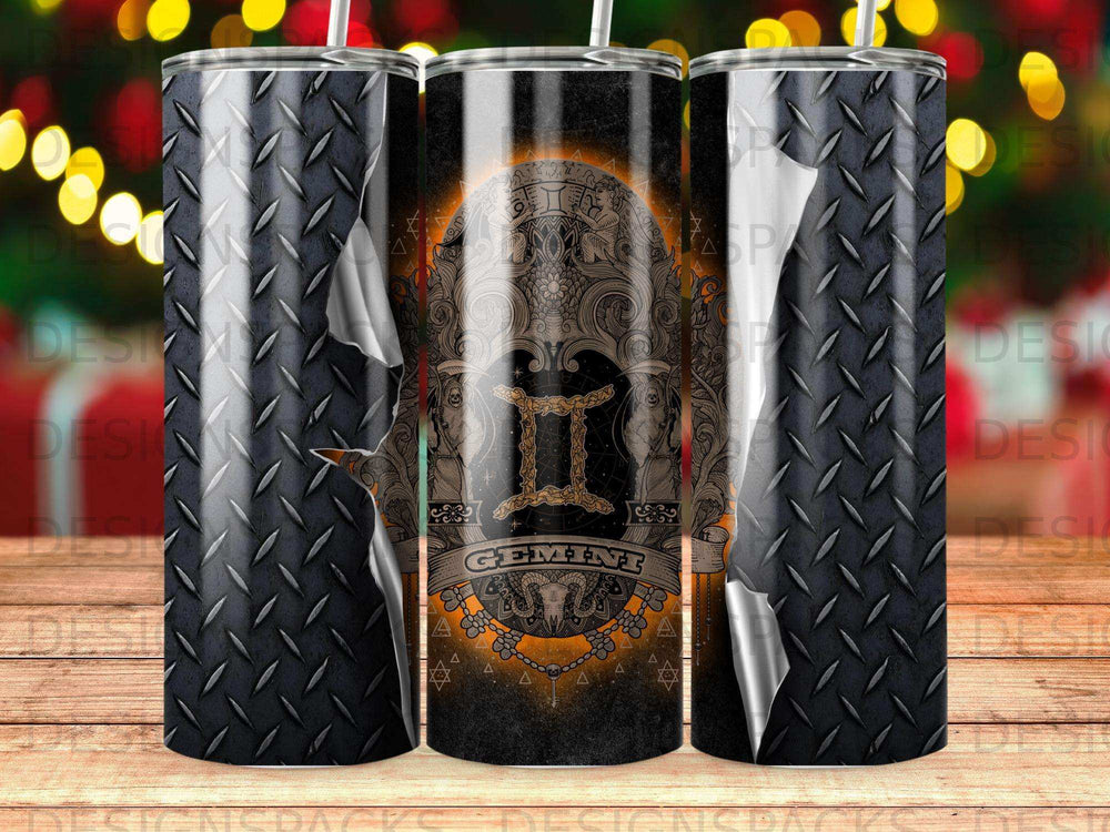 Tumbler with Gemini astrological symbol, ornate patterns, and diamond plate design.