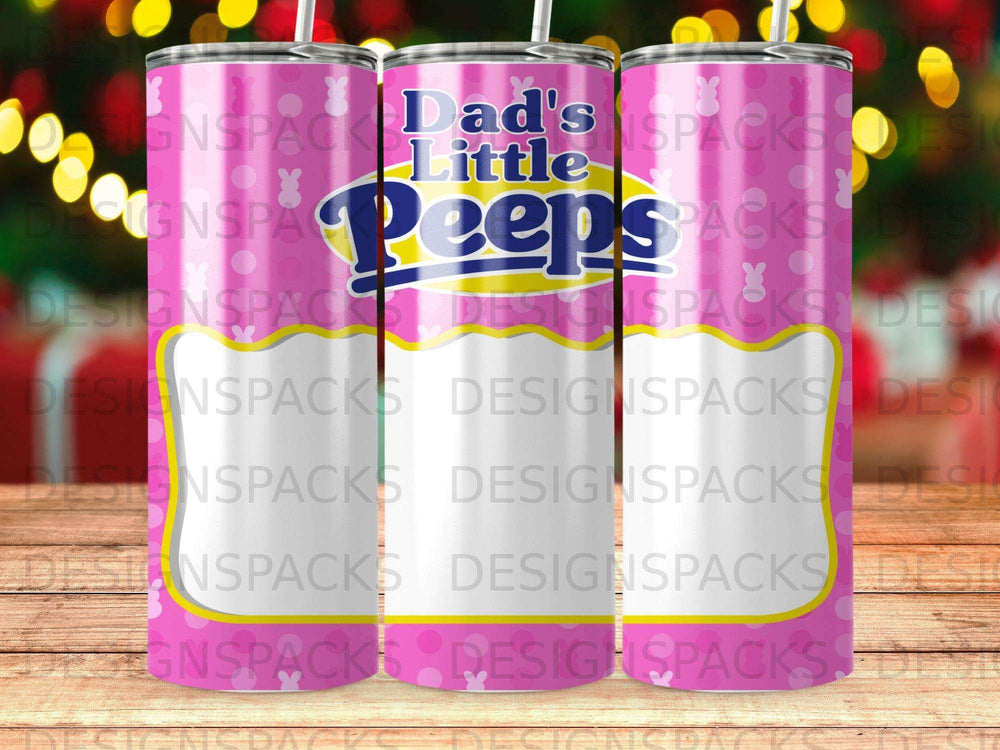 Dad's Peeps tumbler with a pink and yellow striped background.