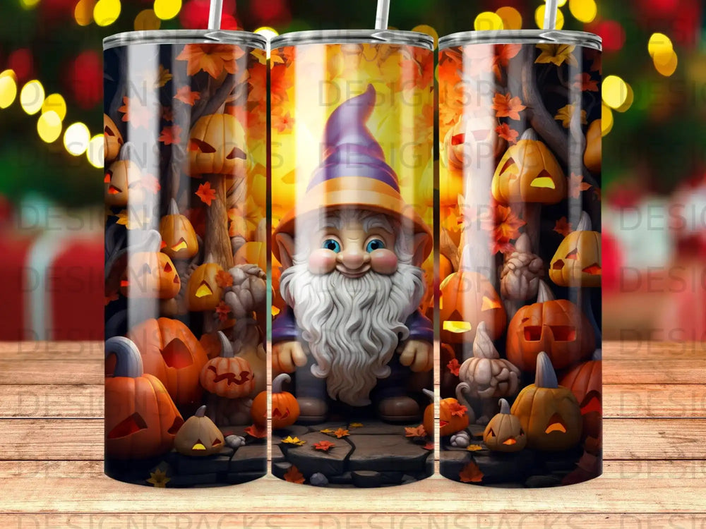 Gnome with pumpkins and fall foliage on a tumbler.