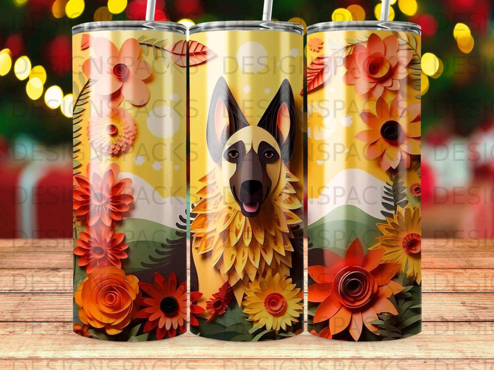 German Shepherd dog face on a tumbler with floral and bokeh decorations.