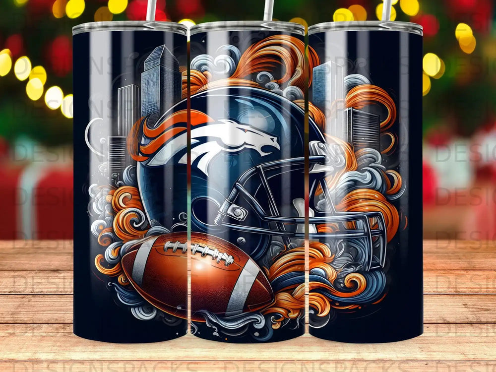 Denver Broncos helmet and football against city skyline and swirling orange design.