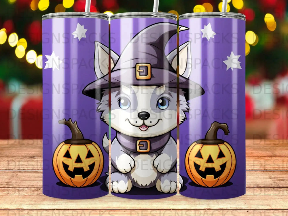 Cartoon husky dog in witch hat with pumpkins and stars.