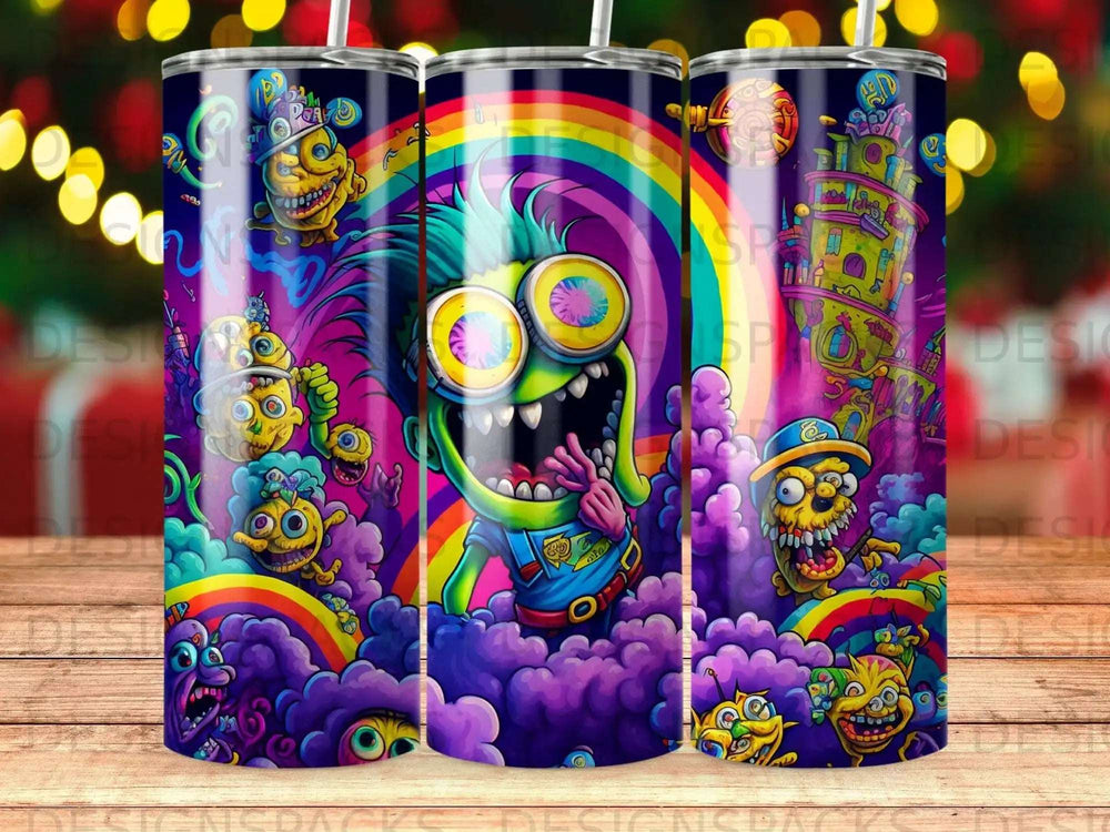 Cartoon characters with colorful hair and big eyes on a psychedelic background.
