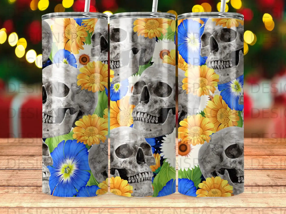Skulls and bright flowers on a tumbler wrap design.