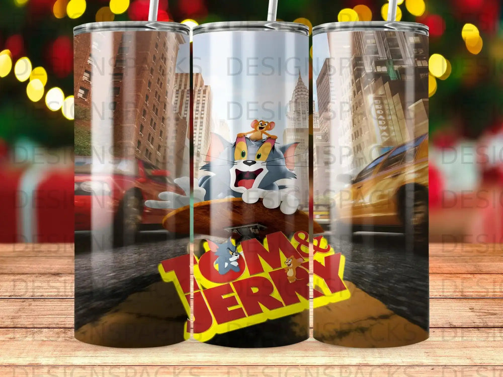 Tom and Jerry cartoon characters on a tumbler with a city street background.