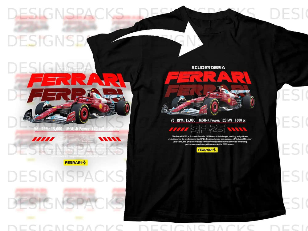 Ferrari SF-25 Formula 1 car on a black t-shirt with technical specifications.