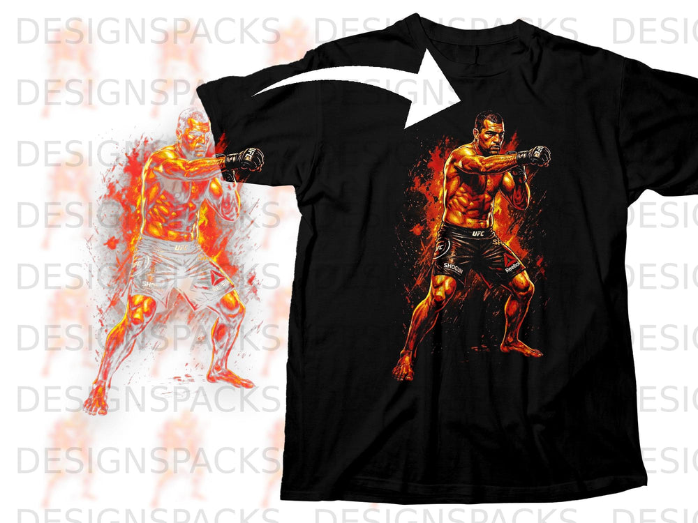 Black t-shirt with illustration of a muscular fighter in a fighting stance.