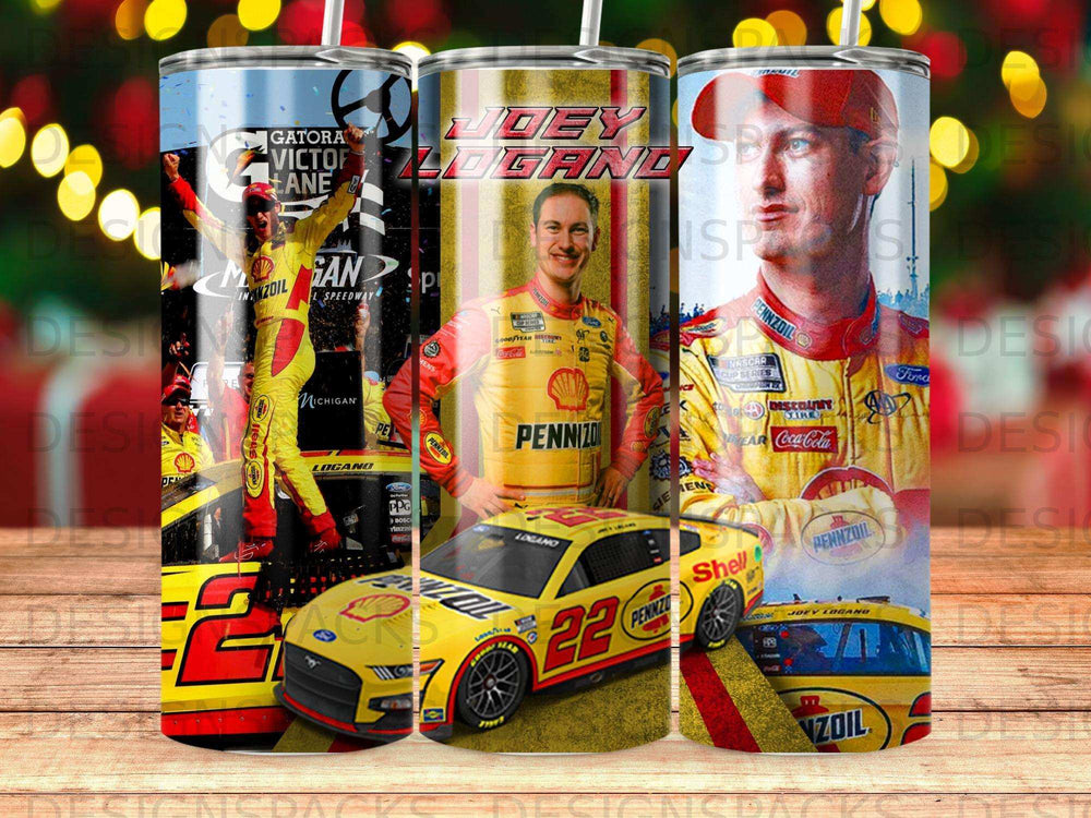 Joey Logano 22 NASCAR Cup Series tumbler with racing graphics.