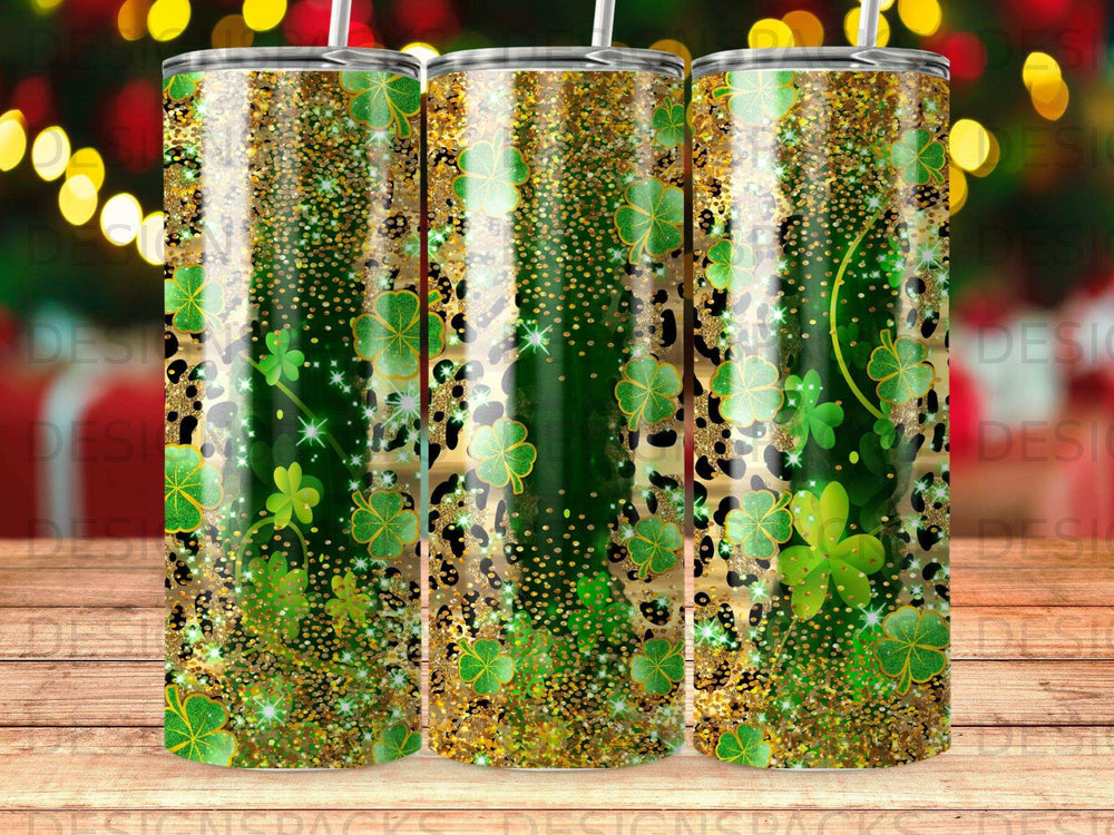 Green shamrocks and gold glitter on a leopard print tumbler.