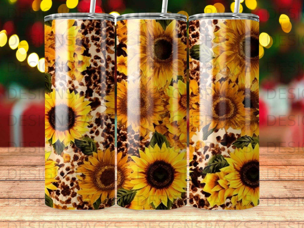Tumbler with sunflowers and leopard print pattern.