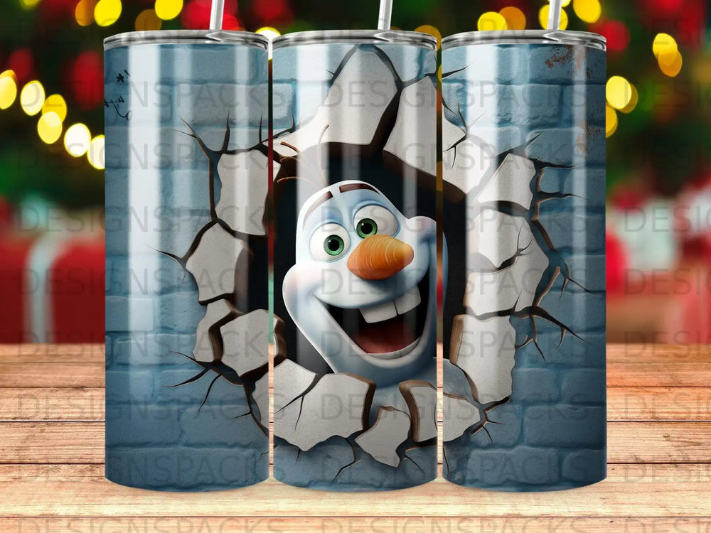 Olaf from Frozen breaks through a cracked blue wall, with a subtle snowflake pattern.
