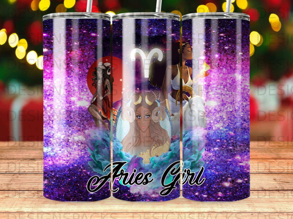 Aries Girl horoscope design with astrological symbols and a woman on a purple glitter background.