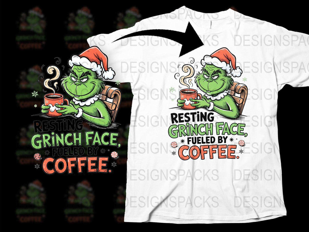 Resting Grinch Face Fueled by Coffee T-Shirt, Christmas Holiday Tee, Funny Santa Grinch Graphic Shirt for Adults