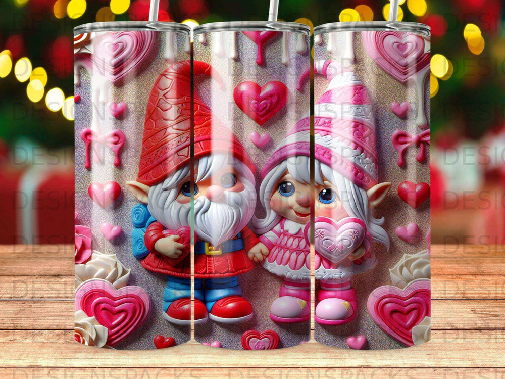 Gnomes in red and pink outfits with heart decorations, holding a heart.