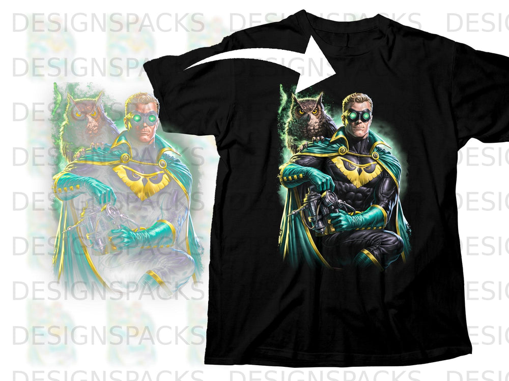 Black t-shirt with superhero and owl graphic, green and gold costume.