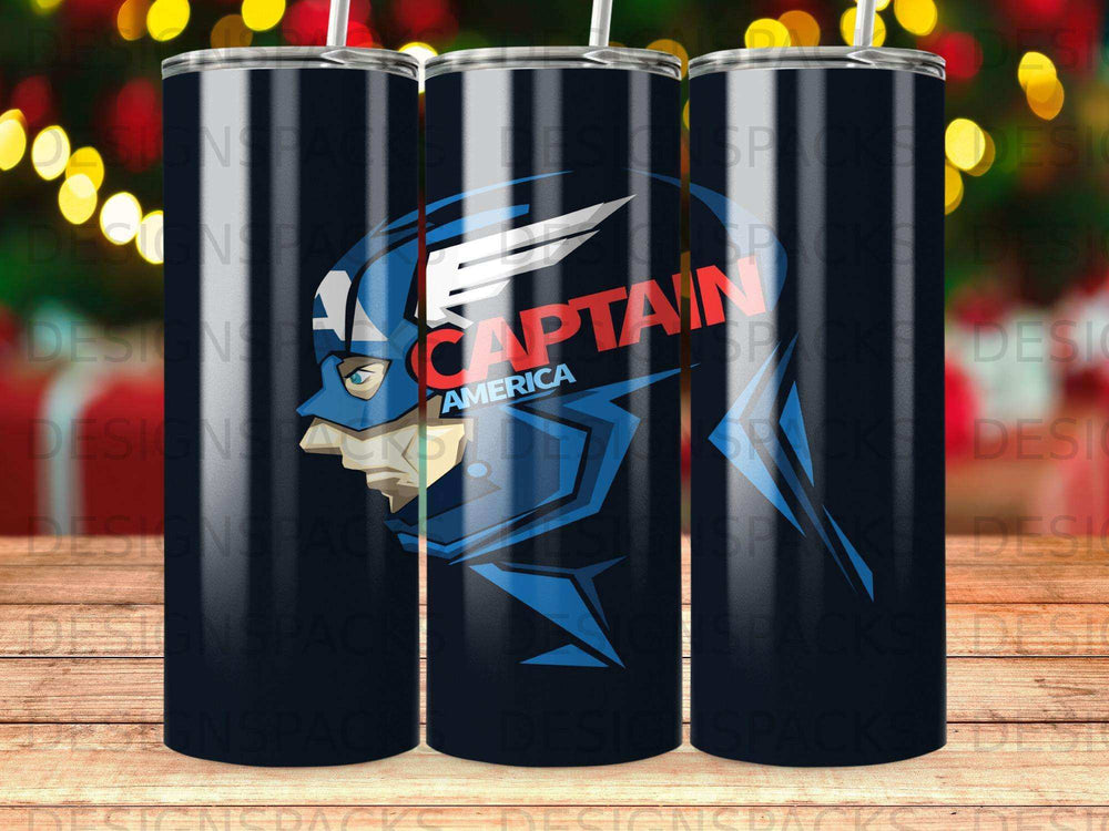 Captain America shield and head logo on a dark blue tumbler.