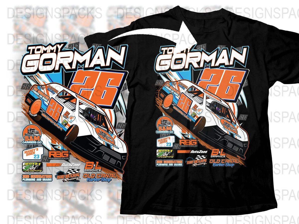 Tommy Gorman 26 Race Car Graphic T-Shirt, Bold Orange Black Design, Racing Fan Apparel, Adult Sizes