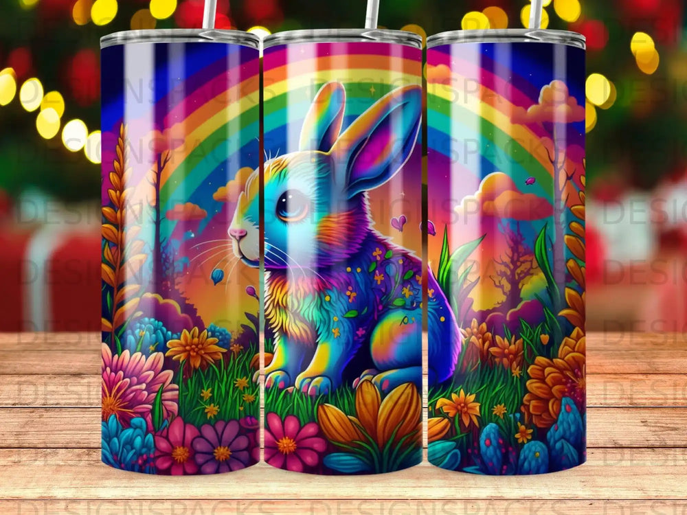 Rainbow bunny surrounded by colorful flowers and a rainbow in a whimsical landscape.
