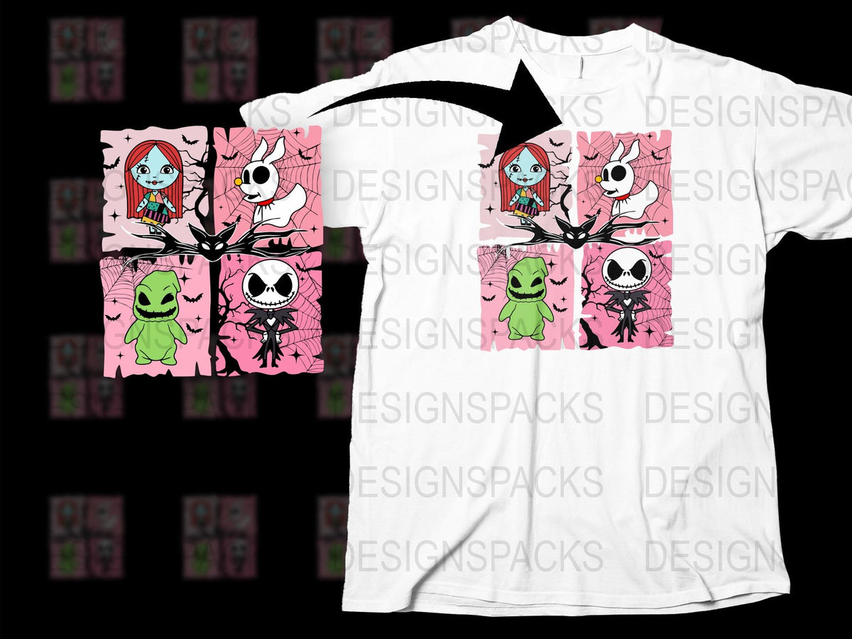 Nightmare Before Christmas Inspired T-Shirt, Jack and Sally Pink Cartoon Graphic Tee, Unisex Fashion