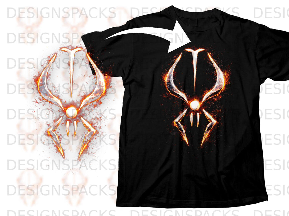 Black t-shirt with a fiery, stylized insect-like graphic on the chest.