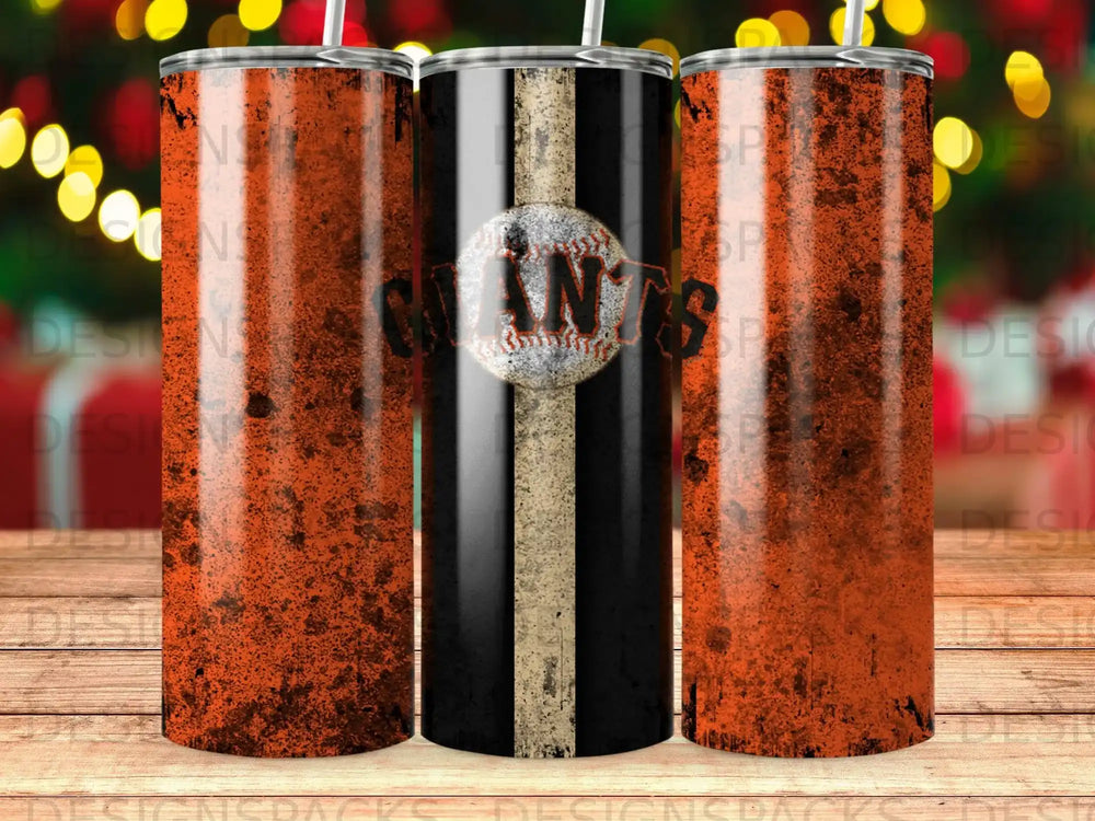 Three tumblers with a distressed orange and black striped design and San Francisco Giants logo.