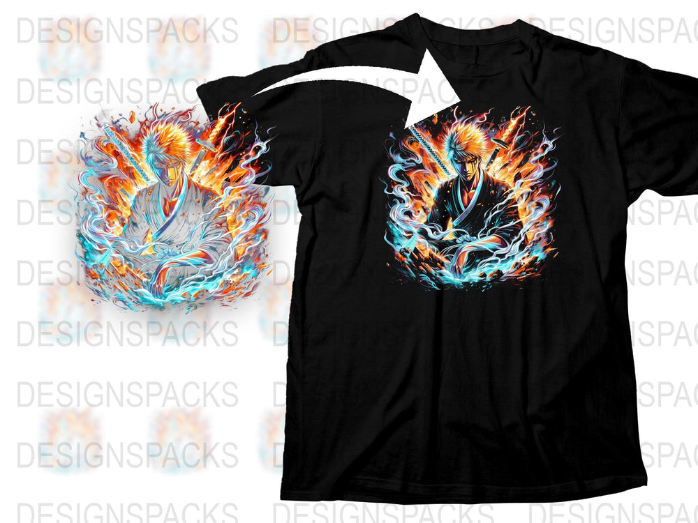 Men's Graphic T-Shirt with Vibrant Phoenix Print, Blue and Orange Fire Design, Casual Wear