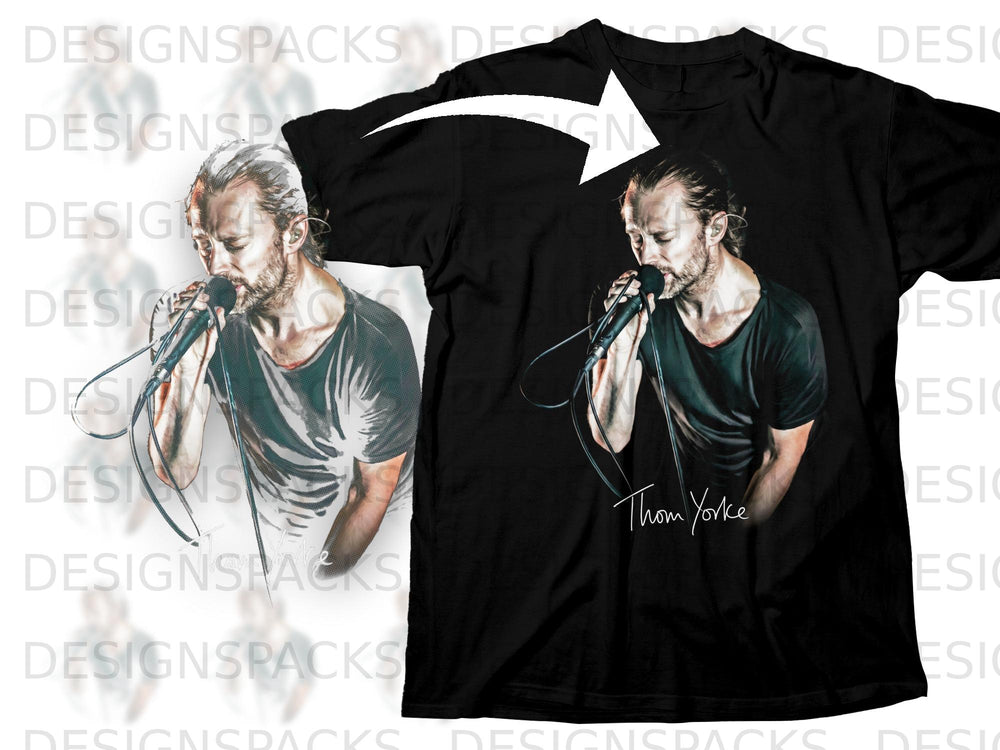 Black t-shirt with Thom Yorke singing into a microphone graphic and signature.