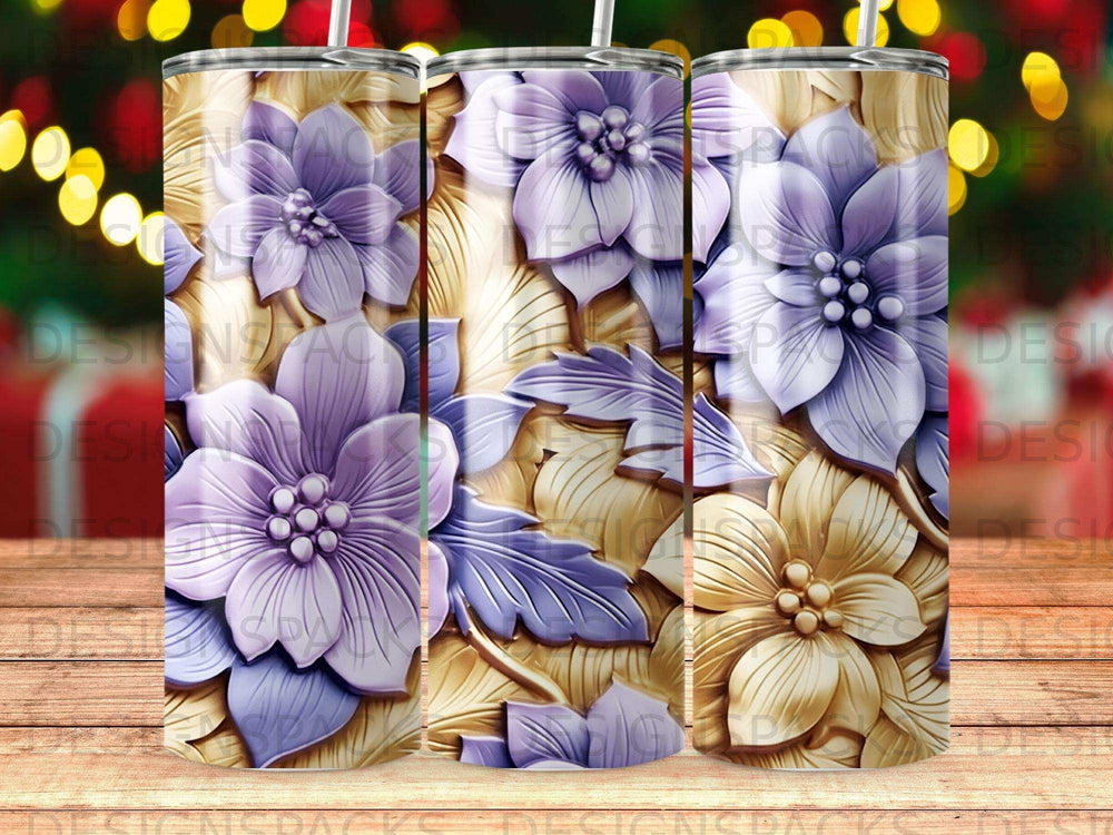 Floral pattern with purple and gold flowers on a textured background.