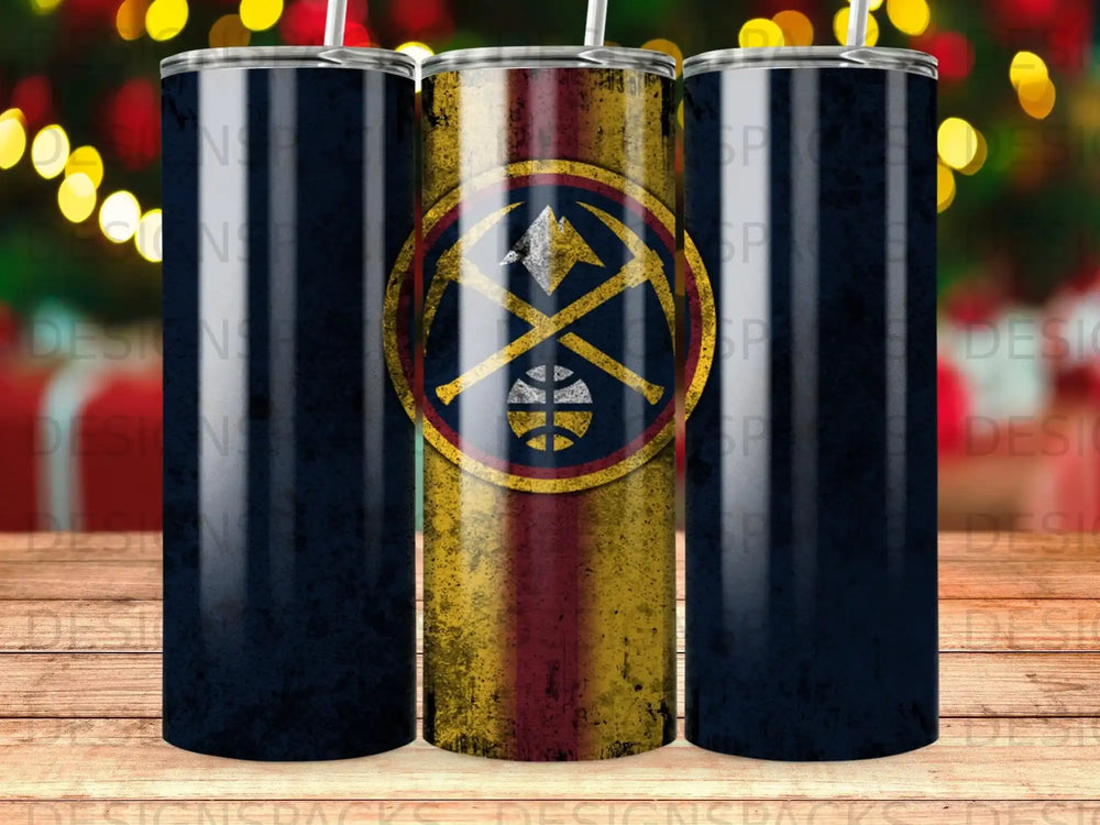 Denver Nuggets tumbler with gold, navy, and red stripes and team logo.