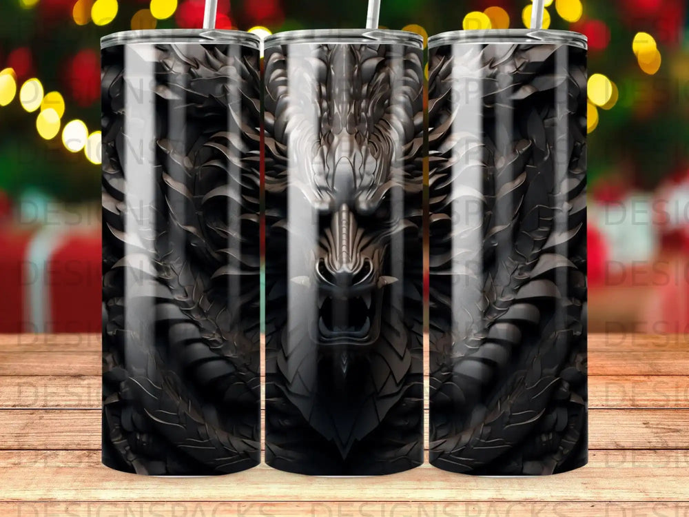 Dark dragon face on a textured tumbler, blurred festive background.