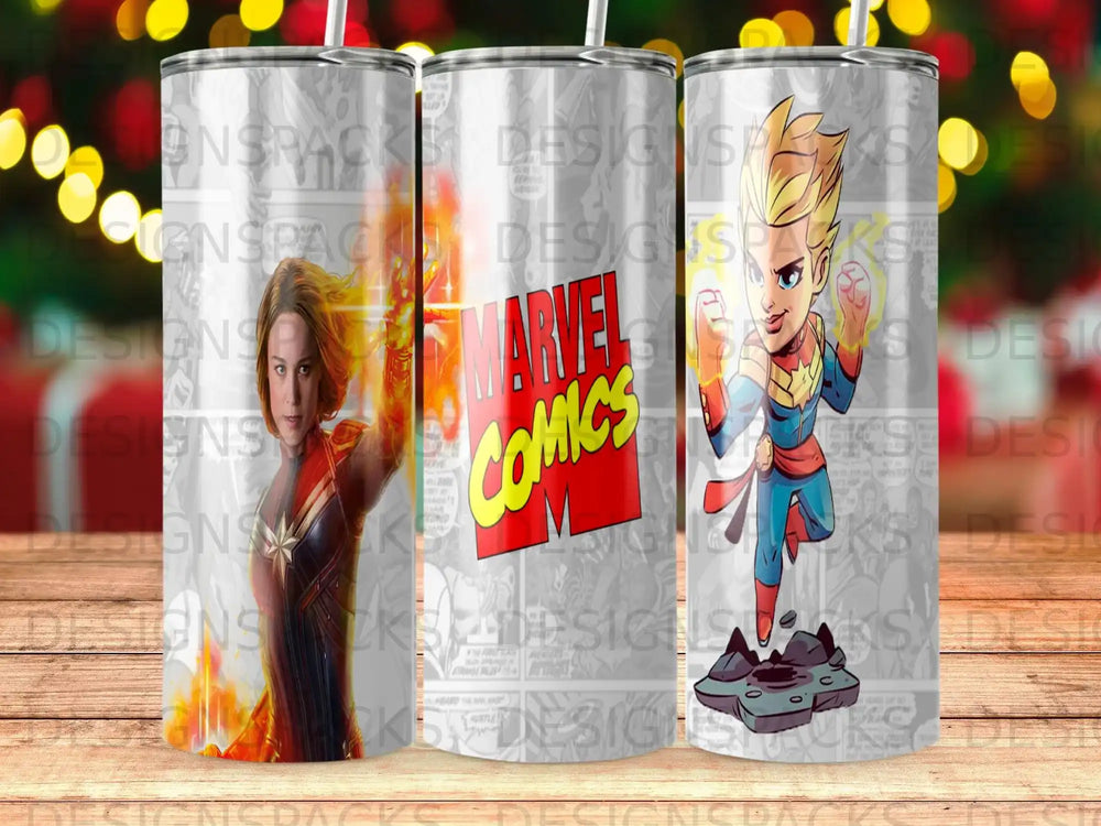 Captain Marvel in action with Marvel Comics logos.