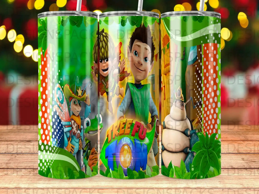 Tree Fu Tom characters on a green and white patterned tumbler.