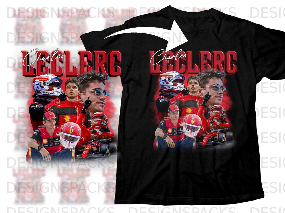 Charles Leclerc Ferrari racing collage on black t-shirt.