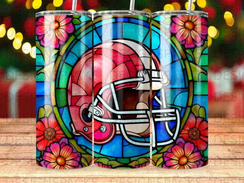 Stained glass helmet with flowers and holiday lights.