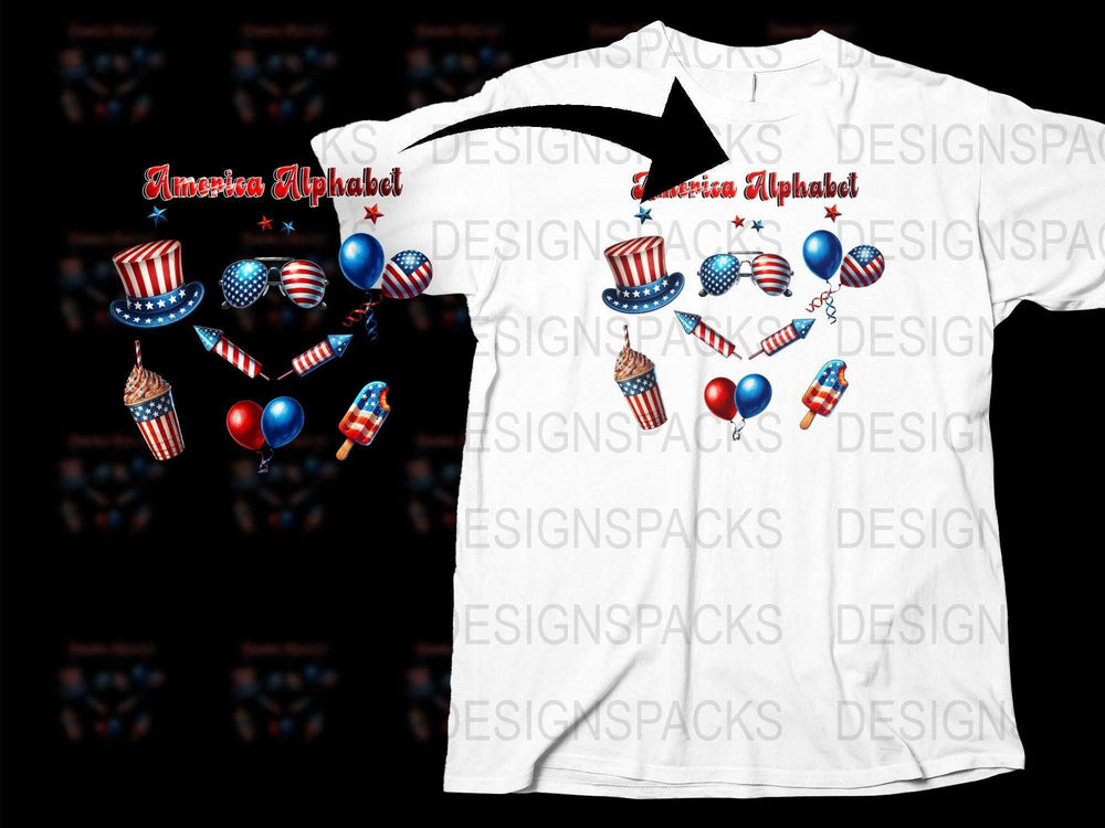 American Alphabet Patriotic T-Shirt, USA Flag Design, 4th of July Apparel, Red White and Blue Outfit.