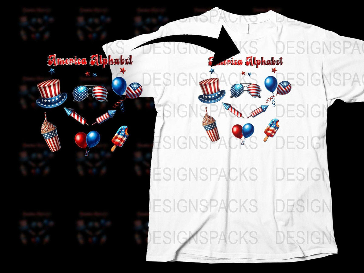 American Alphabet Patriotic T-Shirt, USA Flag Design, 4th of July Apparel, Red White and Blue Outfit.