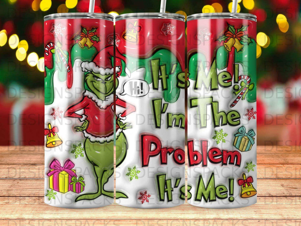 The Grinch says "It's Me! I'm The Problem" on a festive tumbler with gifts and holly.