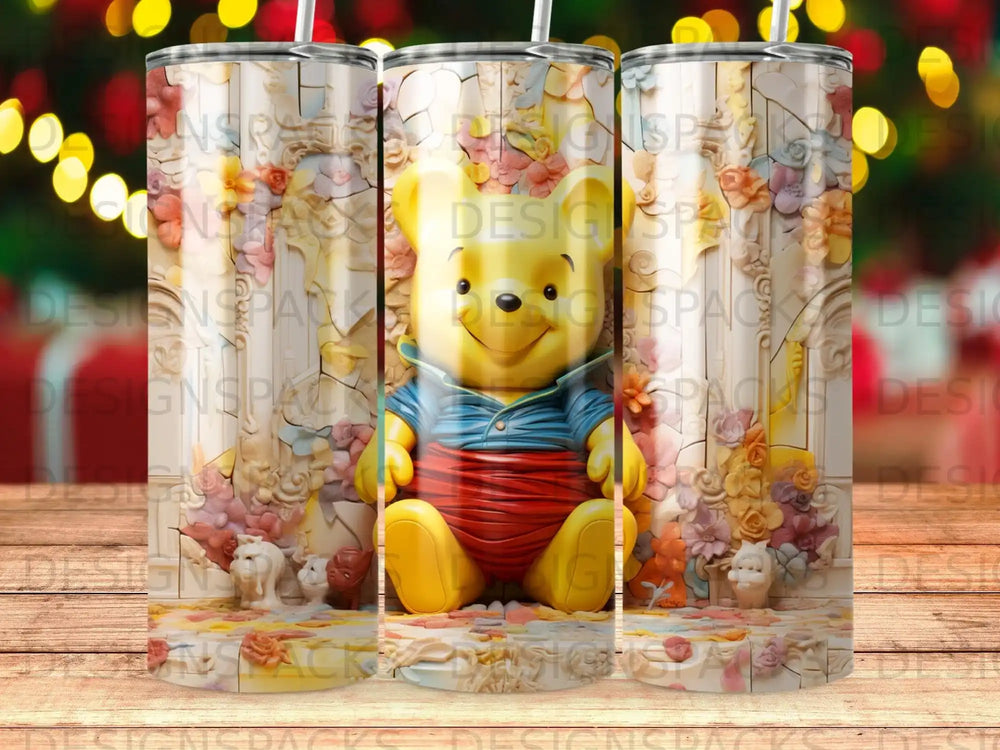 Winnie the Pooh sitting among flowers and small animals.