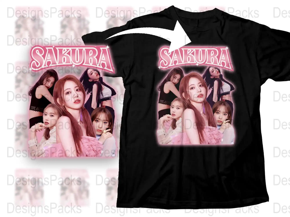Sakura Black T-Shirt, K-Pop Fashion, Idol Group Graphic Tee, Stylish Fan Merchandise