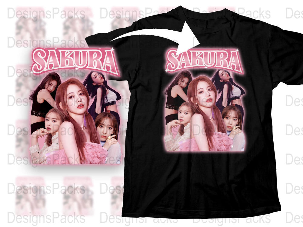 Sakura Black T-Shirt, K-Pop Fashion, Idol Group Graphic Tee, Stylish Fan Merchandise