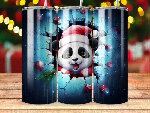 Cute panda in Santa hat breaking through icy wall with festive lights background.