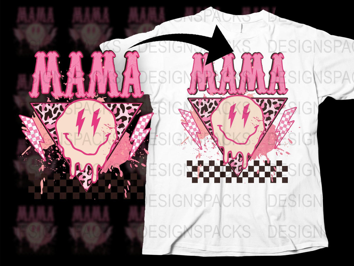 Mama Skull Lightning Bolt Graphic T-Shirt, Pink Checkerboard Design, Edgy Mom Tee