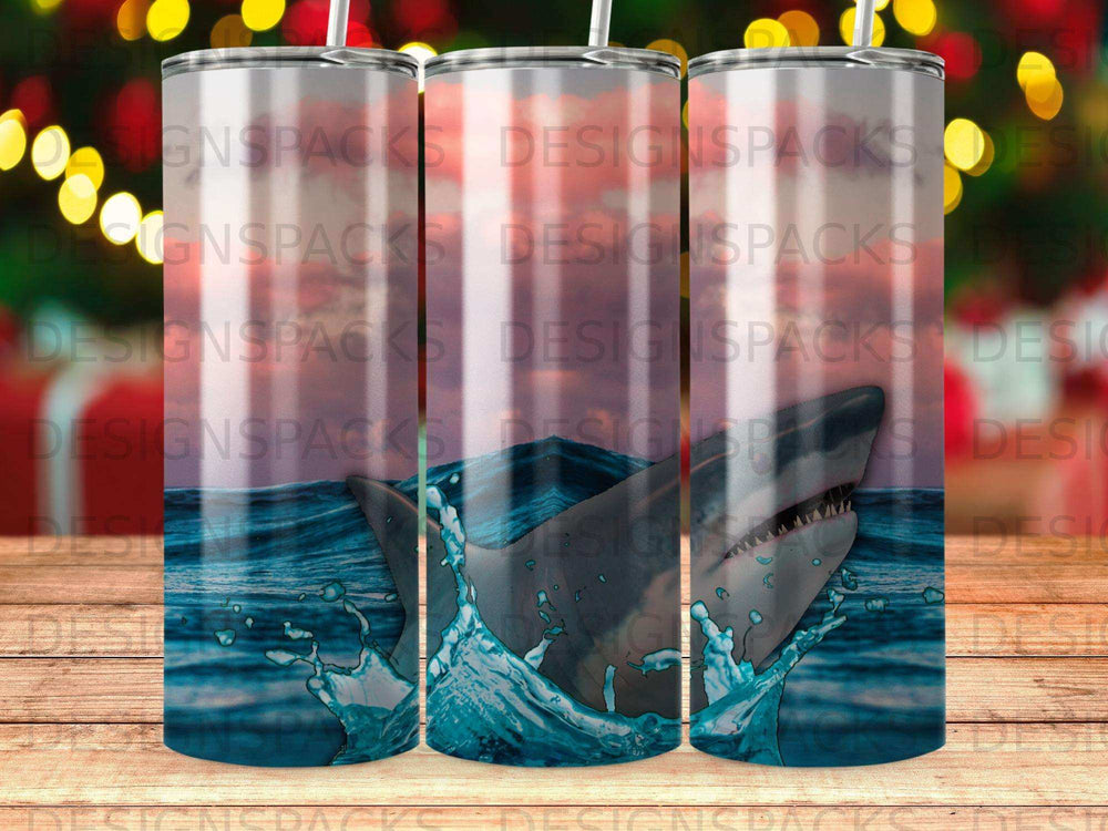 Shark breaching water with a colorful bokeh background.