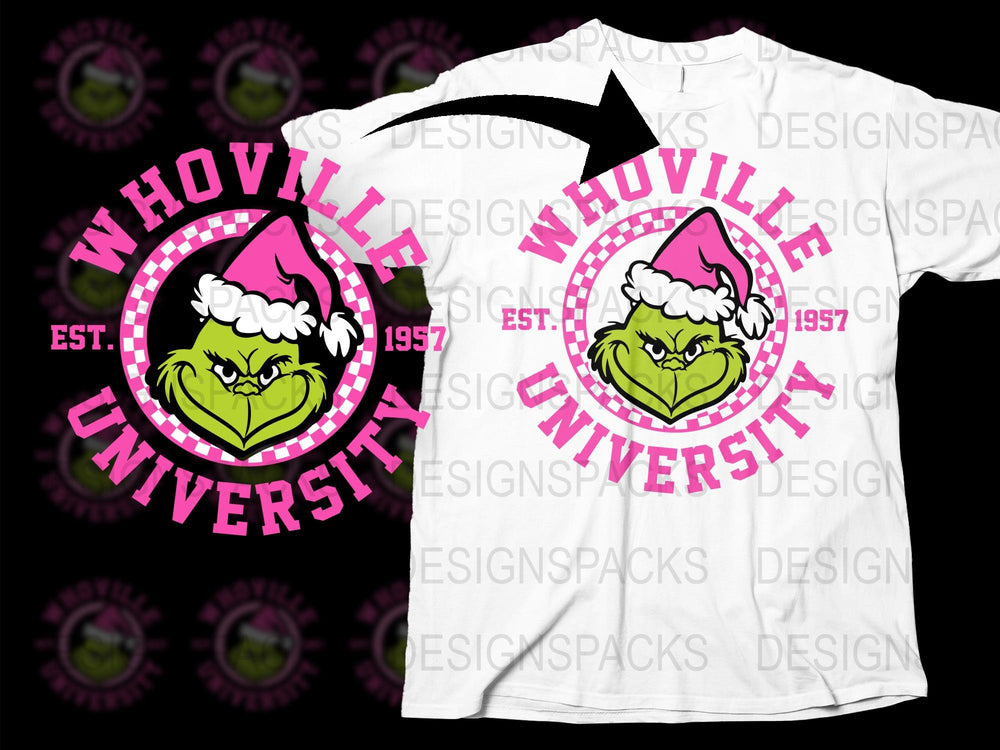 Whoville University T-Shirt, Est. 1957, Grinch Face, Christmas Gift, Holiday Tee, College Style Design, Unisex Fashion