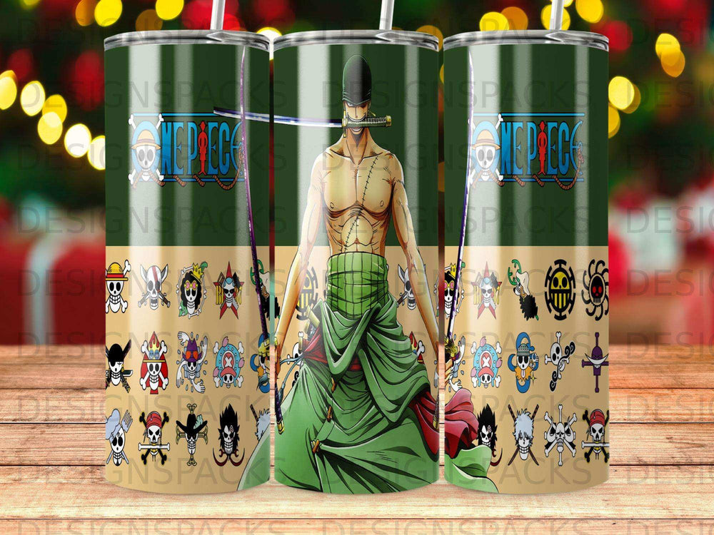 Roronoa Zoro from One Piece on a green and black patterned tumbler.