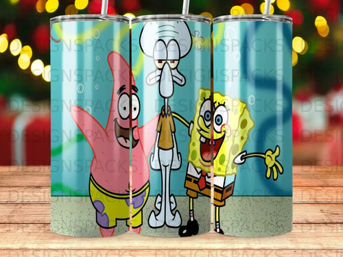 SpongeBob, Patrick, and Squidward characters on a tumbler with a repeating pattern.
