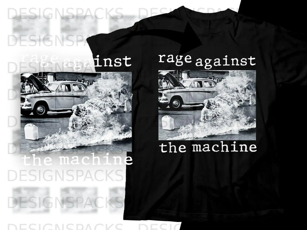 Black t-shirt with "Rage Against the Machine" logo and iconic self-immolation image.