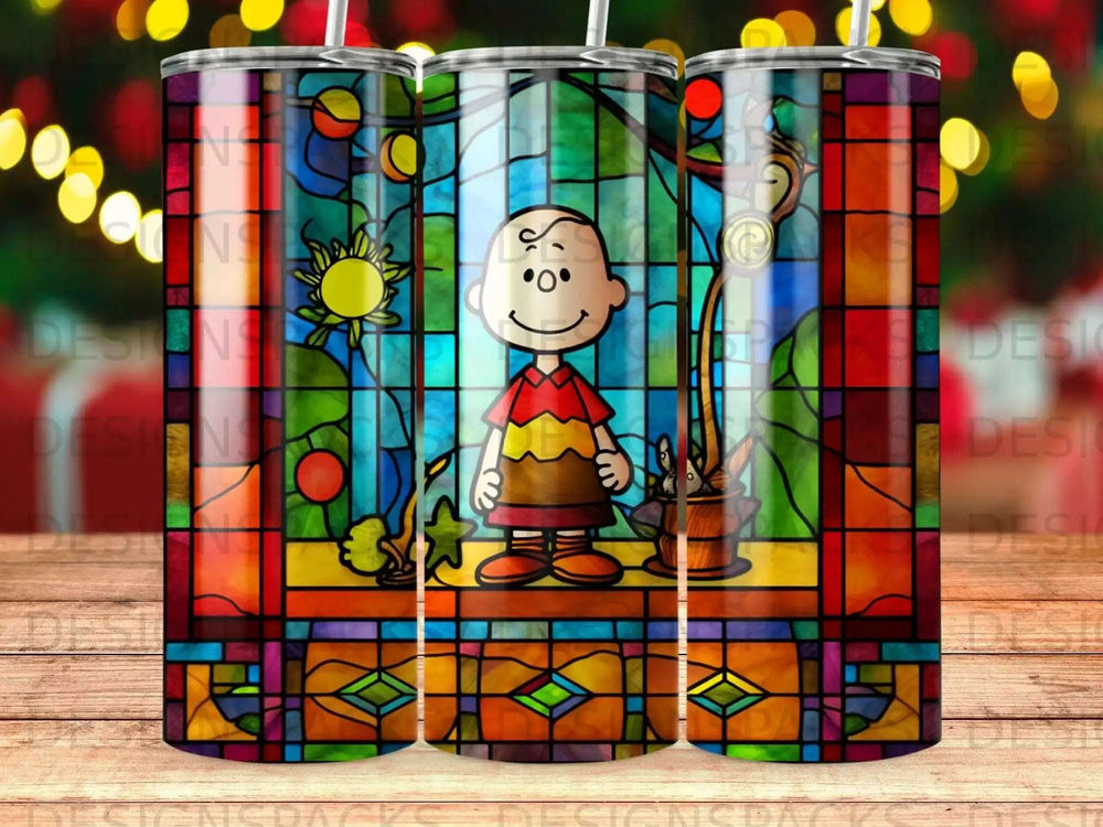 Peanuts' Charlie Brown and Snoopy in a stained-glass window design.