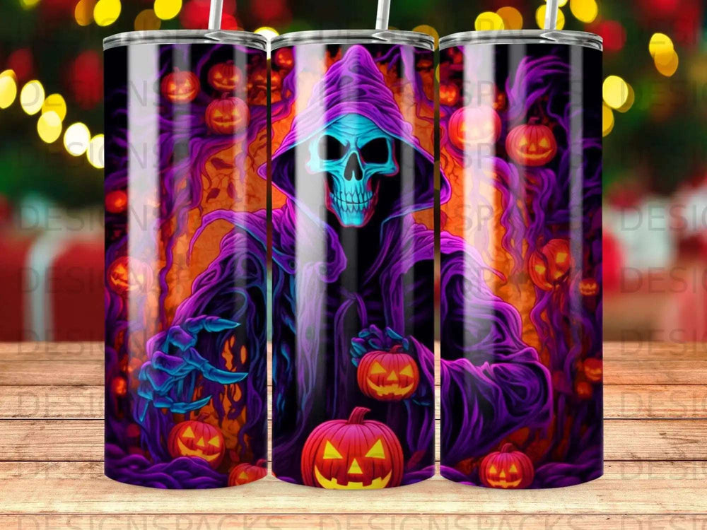 Skeleton in a hooded robe holding a jack-o'-lantern in a spooky forest.