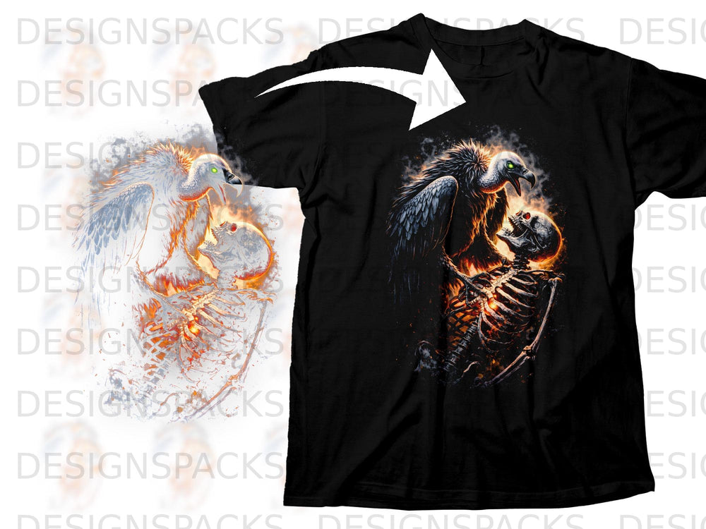 Black t-shirt featuring a vulture attacking a burning skeleton.